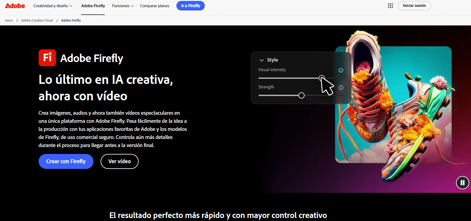 Página de Adobe Firefly, mostrando una interfaz para crear imágenes, audios y videos con IA. Destaca una imagen creativa de unos zapatos decorados con flores y controles para ajustar la intensidad visual y la fuerza del estilo. También incluye botones para comenzar a crear o ver un video.