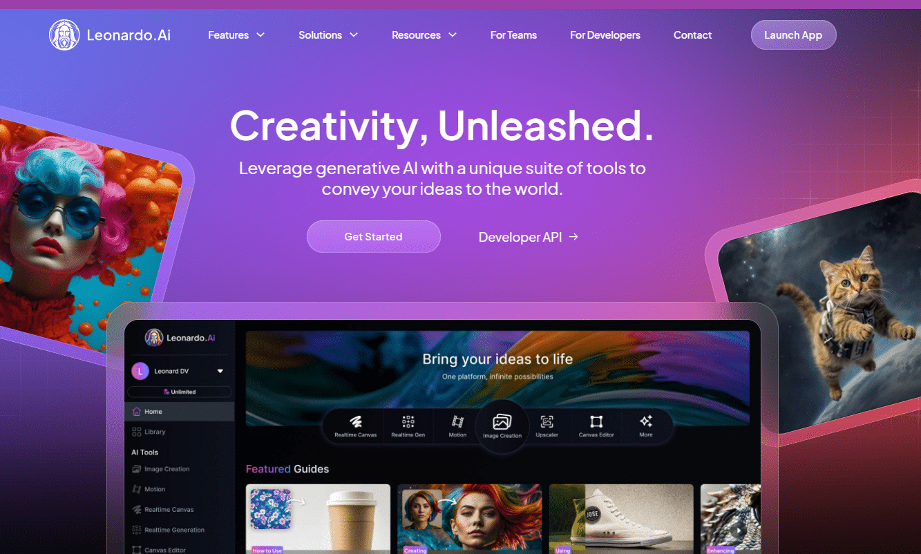 Página principal de Leonardo.AI, una plataforma de inteligencia artificial generativa con herramientas únicas para crear imágenes y contenidos visuales, mostrando ejemplos creativos como una imagen surrealista de una persona y un gato astronauta. Incluye botones para comenzar y acceder a la API para desarrolladores.