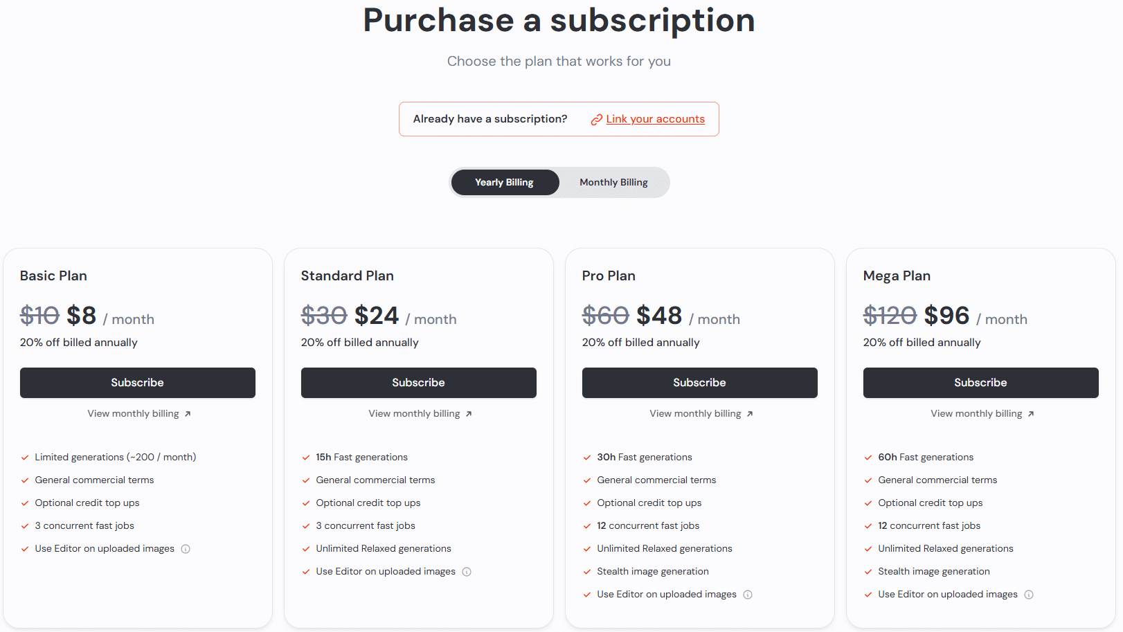 Página de opciones de suscripción de Midjourney, mostrando los planes disponibles: Básico, Estándar, Pro y Mega, con precios mensuales y descuentos anuales. Cada plan incluye características como generaciones rápidas, uso de editor en imágenes subidas y términos comerciales generales.
