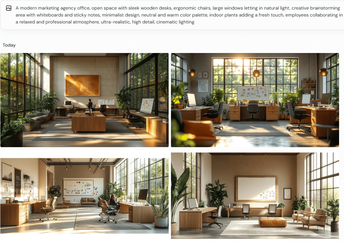 Imágenes de una oficina moderna de agencia de marketing con escritorios de madera elegantes, sillas ergonómicas y grandes ventanales que dejan entrar luz natural. El espacio tiene un diseño minimalista, con una paleta de colores neutros y cálidos, plantas interiores y áreas de trabajo colaborativo, creando una atmósfera profesional y relajada