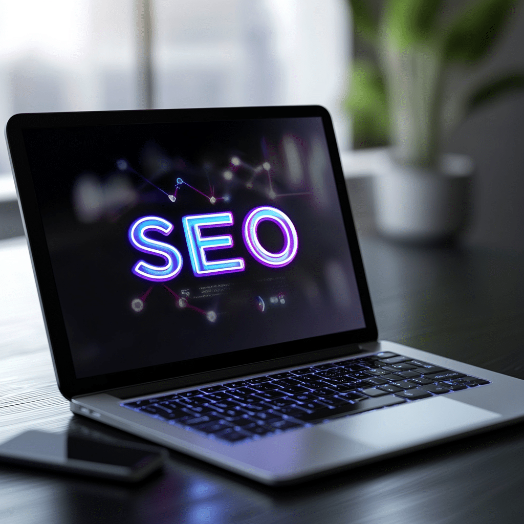 La imagen muestra un primer plano de una laptop con la palabra "SEO" en letras 3D brillantes, destacando con un efecto neón en la pantalla. El fondo de la pantalla muestra una representación visual de conceptos relacionados con SEO, como conexiones y nodos. Alrededor de la laptop, se pueden ver detalles como una planta al fondo y un teléfono móvil en la mesa, en un entorno de trabajo moderno y luminoso. La escena refleja un ambiente tecnológico y profesional centrado en el SEO.