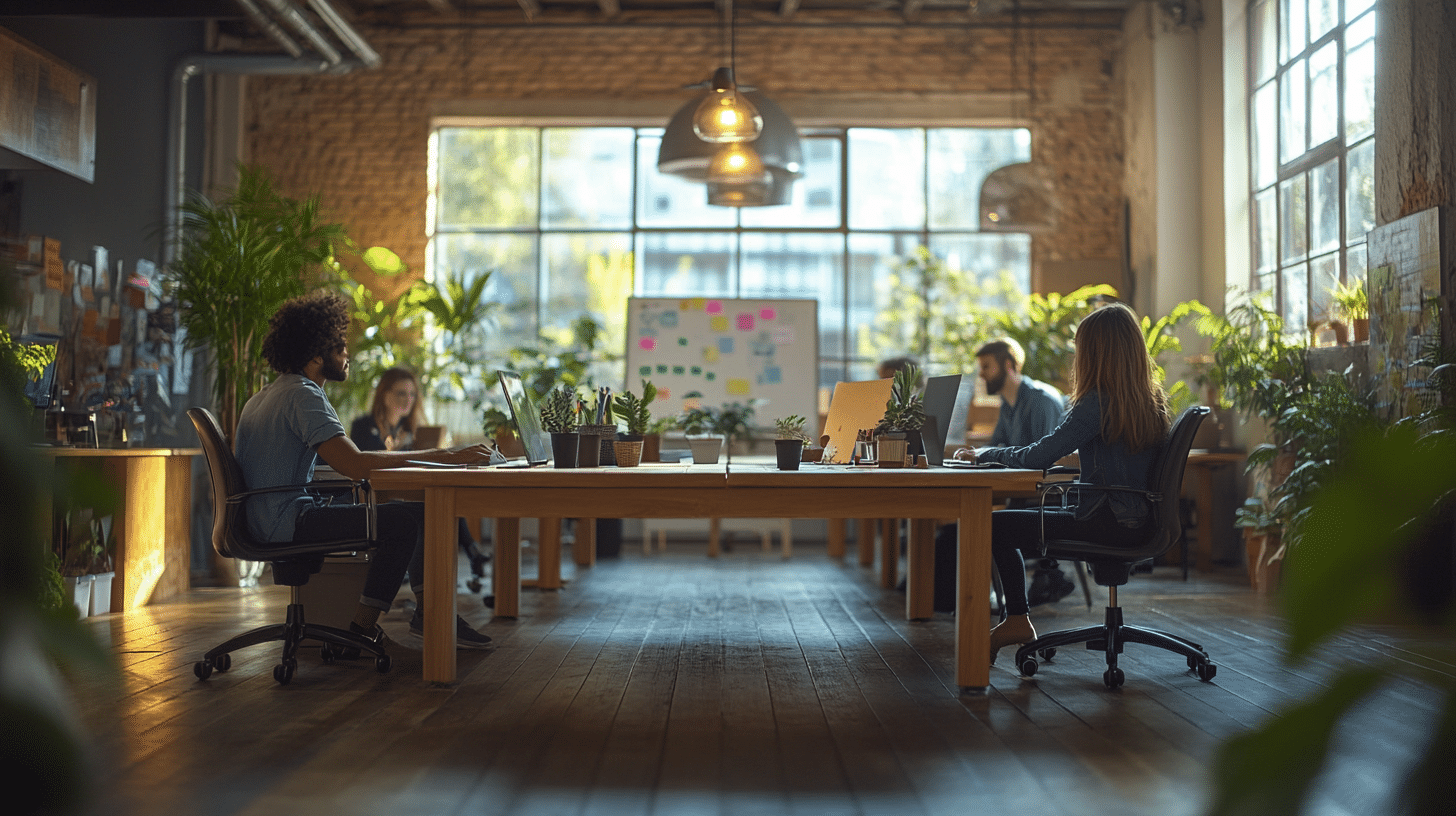 Oficina moderna de agencia de marketing, mostrando un espacio abierto con mesas de trabajo de madera, sillas ergonómicas y plantas. Cuatro empleados colaboran frente a sus computadoras portátiles, con una pizarra llena de notas adhesivas en el fondo, bajo una luz natural cálida.