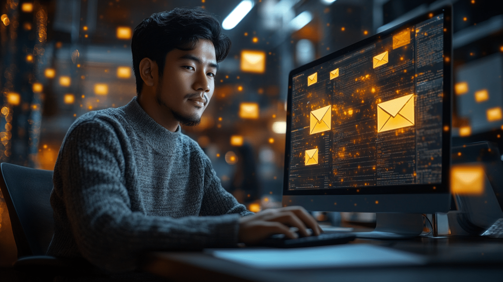 La imagen muestra a una persona trabajando frente a un ordenador en un entorno de oficina, mientras interactúa con un software de marketing digital o gestión de correos electrónicos. En la pantalla, flotan varios iconos de sobres de color amarillo, que simbolizan el envío de correos electrónicos.