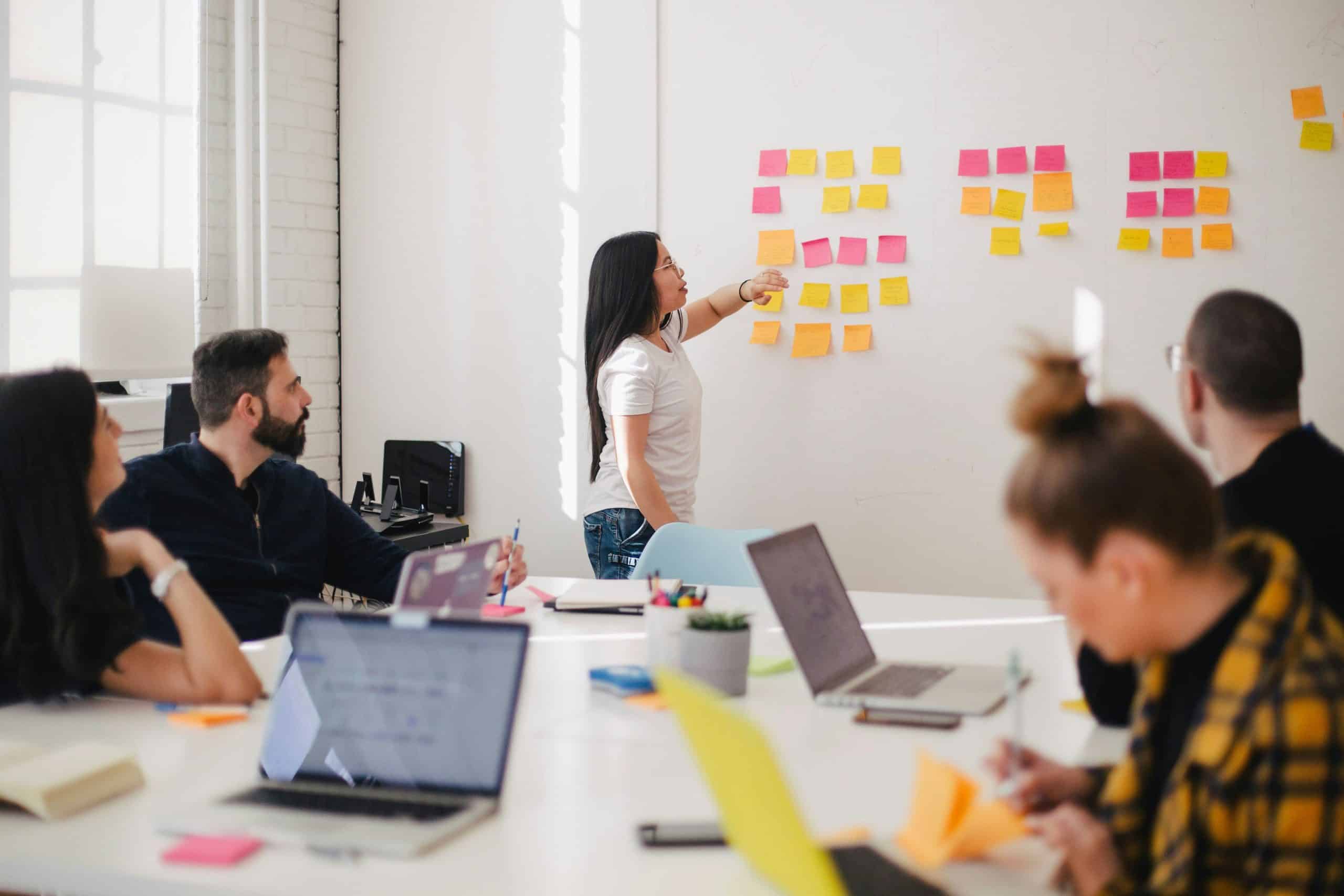 a imagen muestra a un grupo de personas trabajando en una sesión de brainstorming o planificación. Una mujer está de pie frente a una pared blanca en la que ha colocado varias notas adhesivas de colores (amarillas y naranjas), organizándolas o moviéndolas. En la mesa frente a ella, se pueden ver varias laptops abiertas, junto con algunas notas y artículos de oficina. Los demás miembros del equipo están sentados, observando y tomando notas, involucrados en la discusión. 
