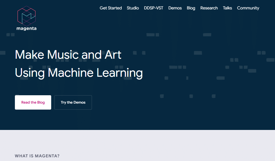 Página principal de Magenta, una plataforma para crear música y arte utilizando aprendizaje automático, con botones para leer el blog y probar las demostraciones.