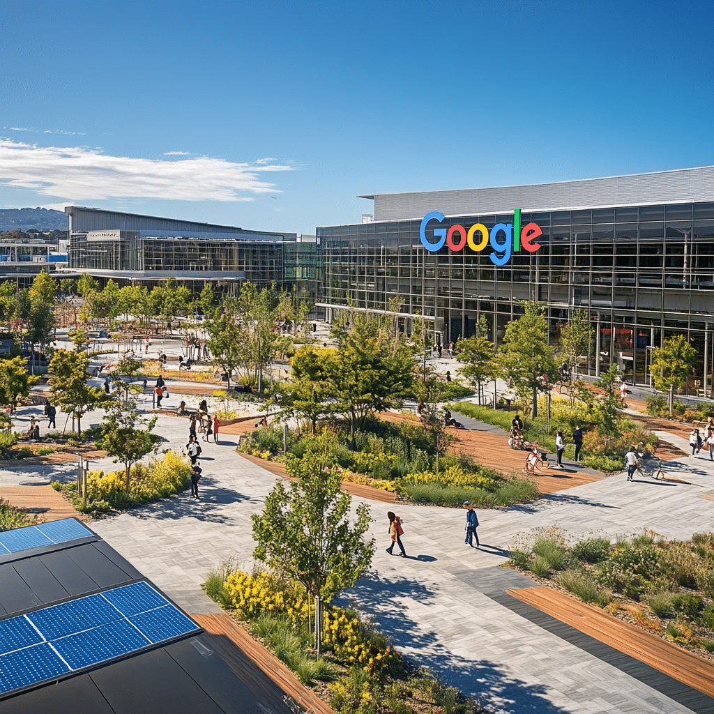 La imagen muestra el campus de Google, con su distintivo logotipo en el edificio principal. Se puede ver el paisaje urbano de Silicon Valley con espacios verdes, caminos pavimentados y personas caminando por el área, destacando la arquitectura moderna y los elementos naturales como árboles y plantas. Además, en primer plano, se aprecian paneles solares.