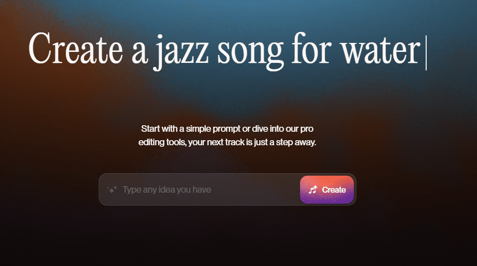 Interfaz de SUNO AI para crear una canción de jazz para agua, con un campo para escribir una idea y un botón de 'Create' para generar la música.