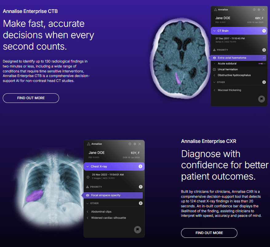 La imagen muestra el uso de inteligencia artificial (IA) en el ámbito médico a través de Annalise Enterprise CTB y CXR, herramientas diseñadas para asistir en la toma de decisiones rápidas y precisas, fundamentales en el diagnóstico médico. Estas plataformas están orientadas a la radiología, ayudando a los clínicos a identificar hallazgos radiológicos en tiempo real, lo que permite una intervención más eficiente.