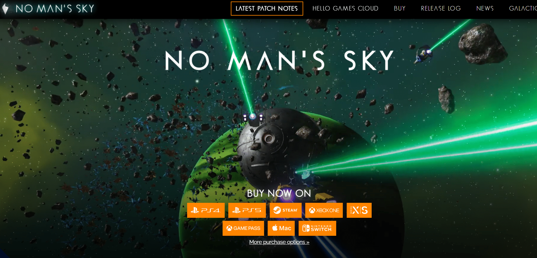 La imagen muestra el sitio web oficial de "No Man's Sky", un videojuego de exploración espacial. En la parte superior, destaca el título del juego "NO MAN'S SKY" con un fondo cósmico que presenta asteroides flotando en el espacio. A la derecha, hay una nave espacial disparando rayos verdes hacia los asteroides mientras navega alrededor de un planeta verde.