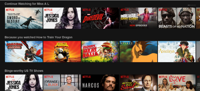 La imagen muestra una interfaz de Netflix con varias recomendaciones de contenido. En la parte superior se destaca la sección "Continue Watching for Miss A L", que muestra series y películas que el usuario está viendo, como Sword of Destiny, Jessica Jones, Daredevil, entre otras. Debajo, en la sección "Because you watched How to Train Your Dragon", se muestran recomendaciones basadas en ese contenido, como Dragons: Race to the Edge y Spirit.