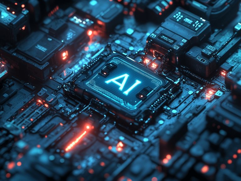 La imagen muestra un circuito electrónico altamente detallado con chips, conexiones y luces brillantes. En el centro, se destaca un componente con la inscripción "AI" (inteligencia artificial) iluminada, lo que sugiere que se trata de un componente tecnológico relacionado con la inteligencia artificial.