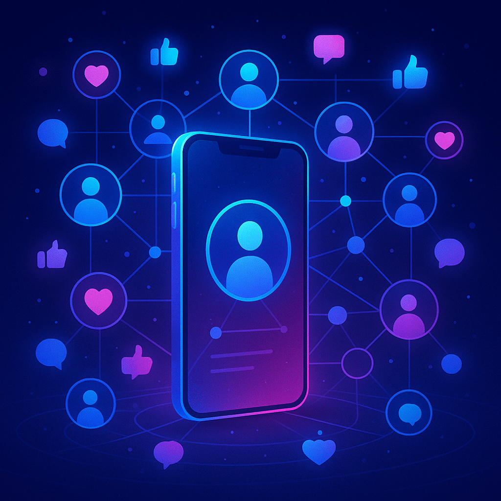 Símbolos de "me gusta" y de usuarios rodeando a un móvil para simbolizar social proof