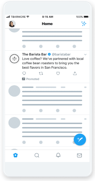 Anuncio de texto en X que promociona una tienda de café en San Francisco.