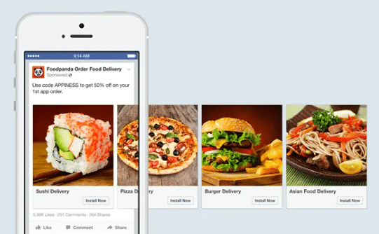 Anuncio en formato carrusel en Facebook que muestra deliciosa comida de un restaurante.