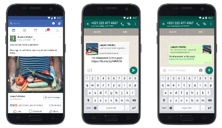 anuncio click-to-WhatsApp que muestra cómo se pasa del anuncio en Facebook a la conversación en Whatsapp.