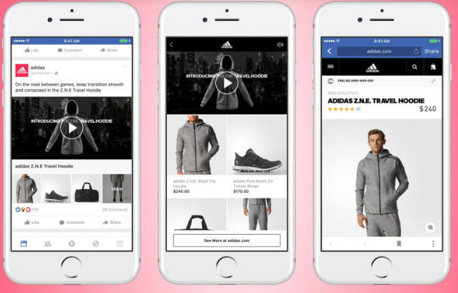 Anuncio en formato colección en Facebook con productos de Adidas