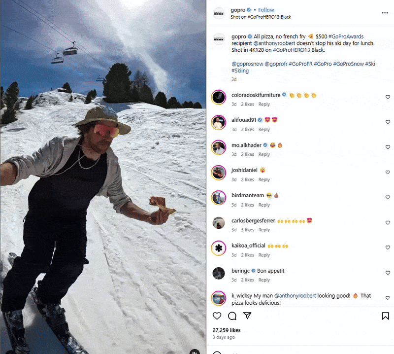 UGC: hombre esquiando mientras come una pizza y se filma con su GoPro.