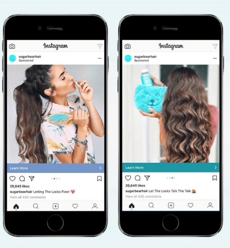 Publicidad en feed de Instagram que muestra una modelo sosteniendo el producto: gominolas para el pelo.