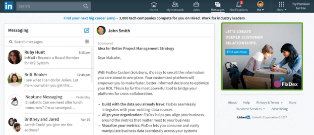 Anuncio inmail de Linkedin con un mensaje al usuario sobre una mejora en la estrategia de gestión de un proyecto.