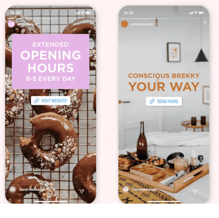 Dos anuncios en historias de Instagram. La primera sobre una panadería, la segunda, sobre una promoción de desayunos.