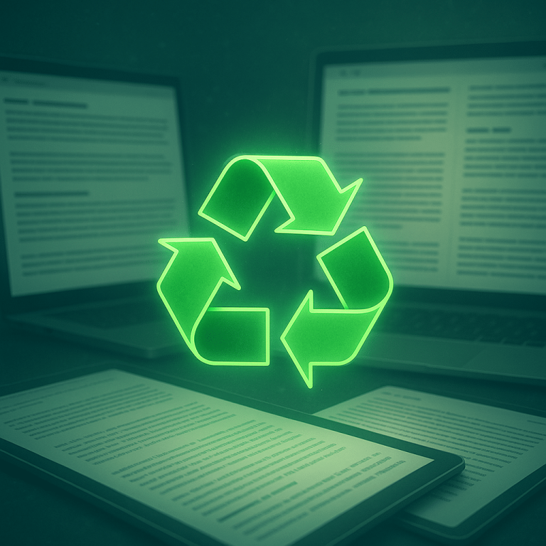 símbolo de reciclaje para simbolizar al contenido evergreen con pantallas con artículos detrás