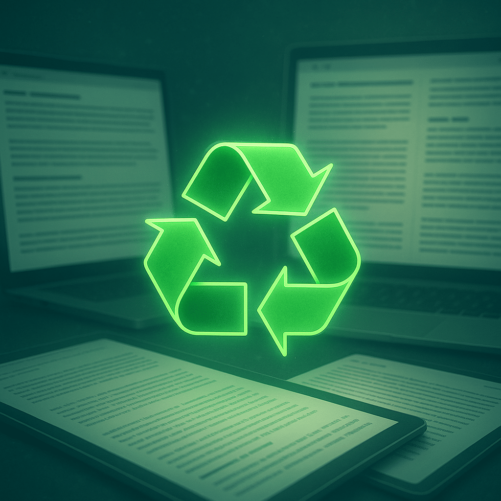 símbolo de reciclaje para simbolizar al contenido evergreen con pantallas con artículos detrás