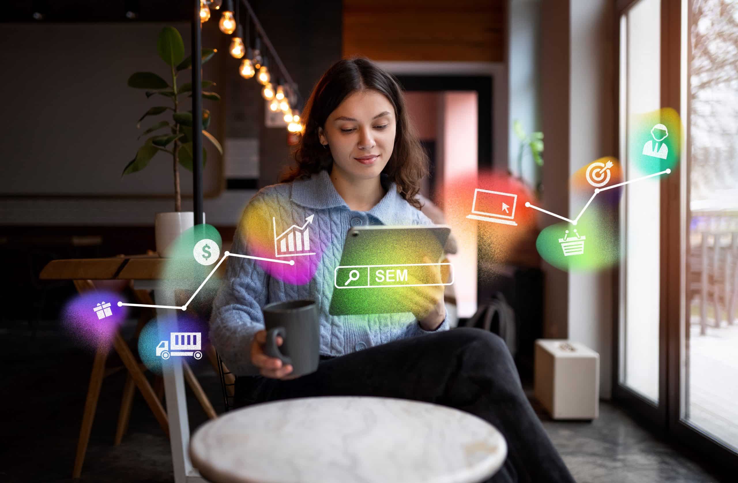 Mujer trabajando con su tablet en marketing con ia personalizada