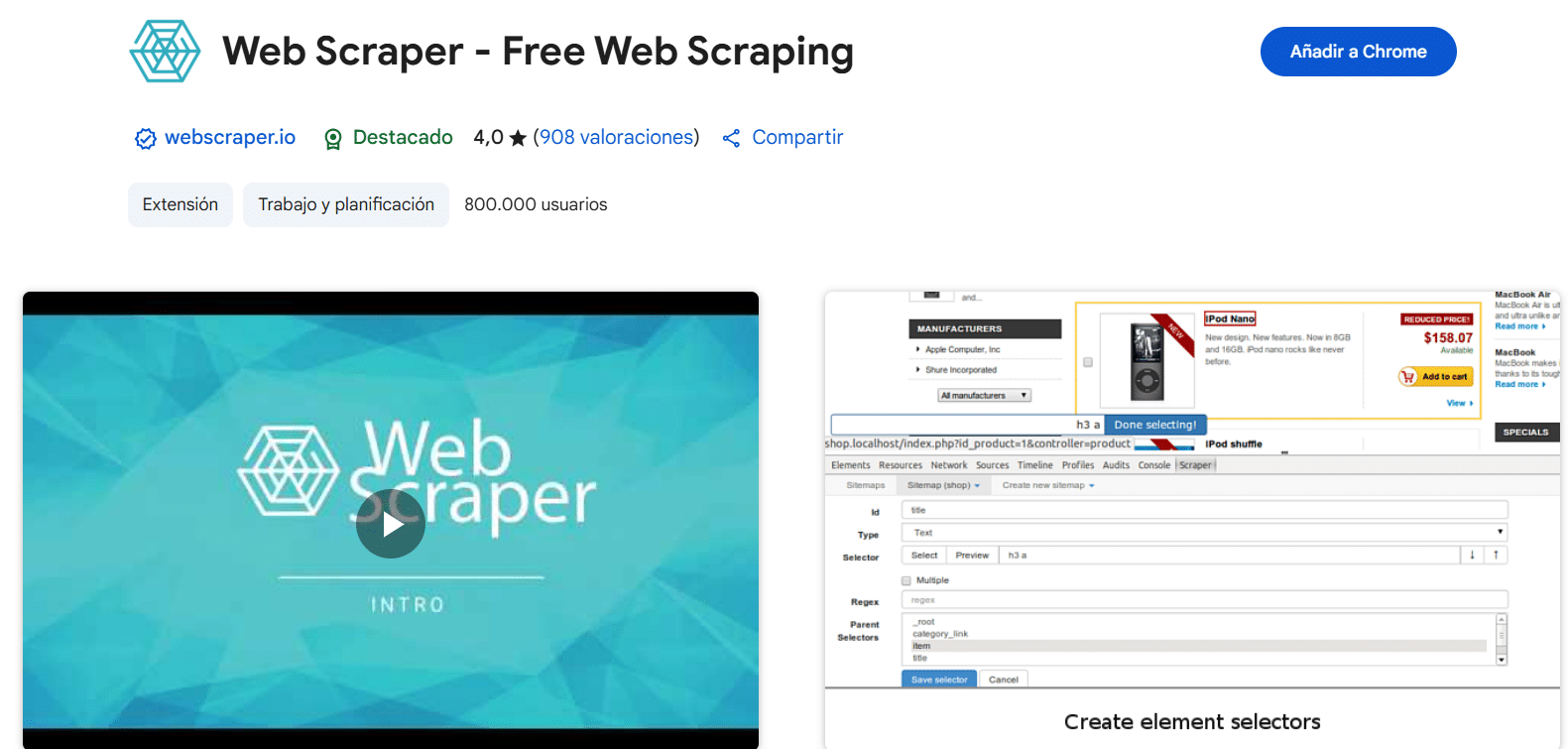 Extensión web scraper de Chrome