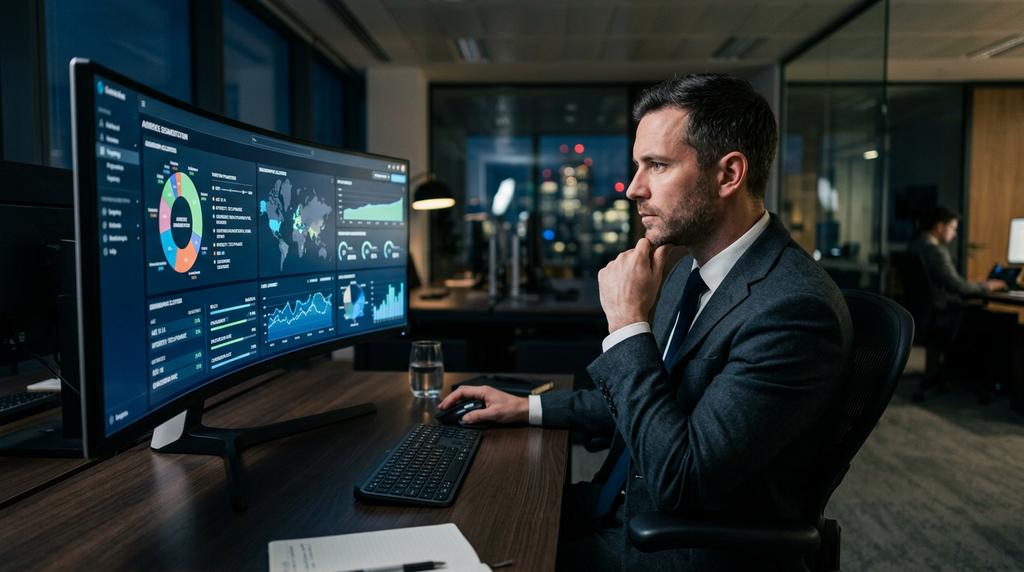 Ejecutivo analizando segmentos de audiencia y targeting en pantalla con dashboard de datos