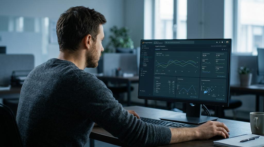 Profesional analizando dashboard de analytics con métricas de conversiones inbound