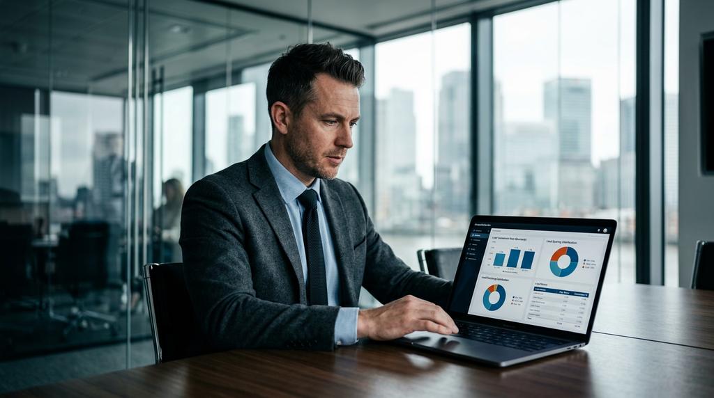 Ejecutivo revisando métricas de conversión y lead scoring en laptop