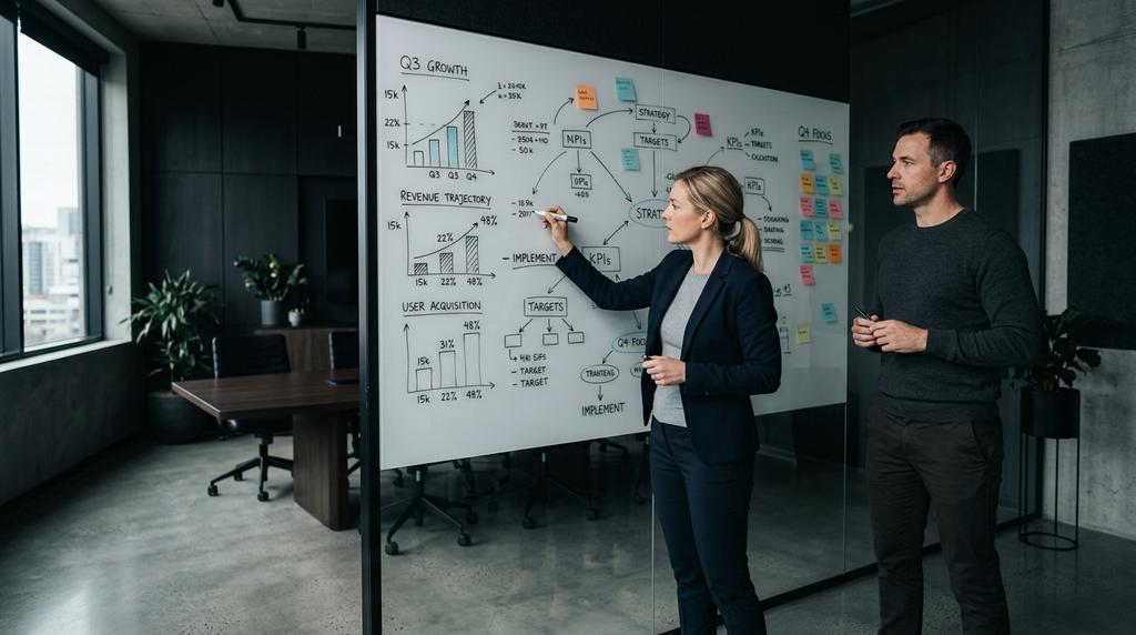 Equipo de growth hacking en sesión de brainstorming con whiteboard de métricas y estrategias