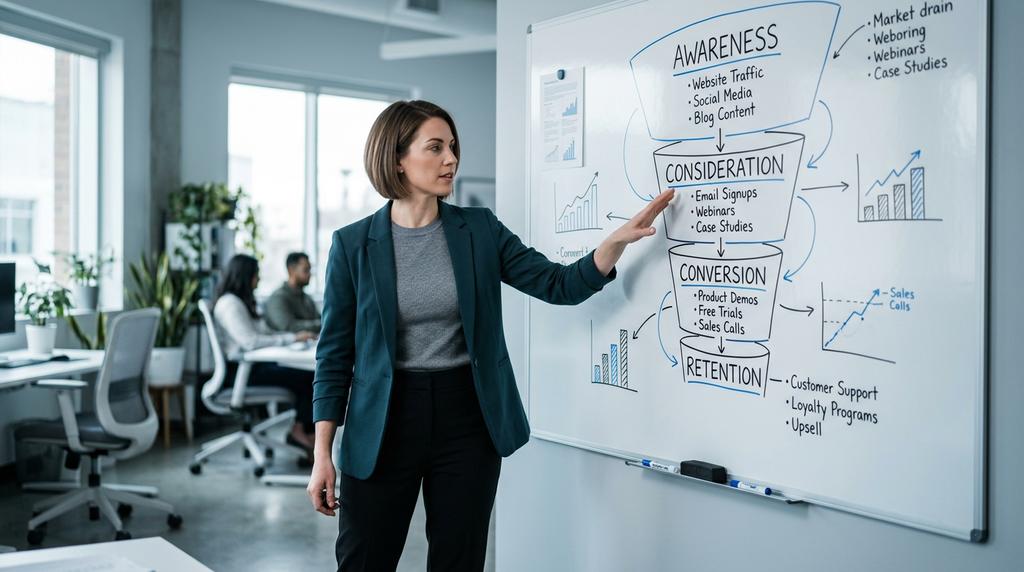 Estratega de marketing explicando las fases del embudo inbound en whiteboard