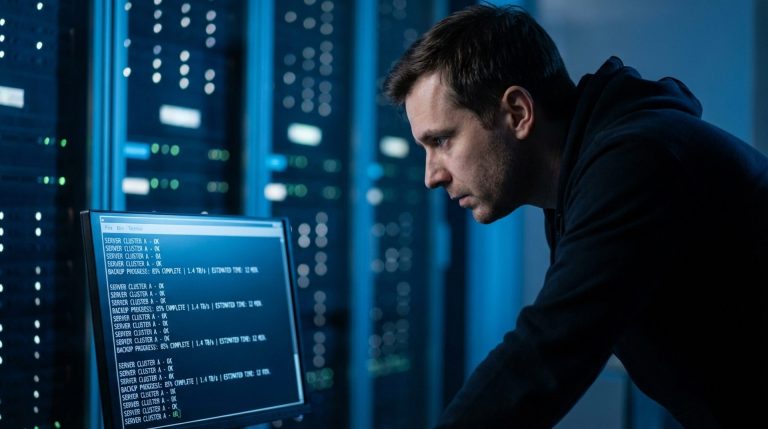 Profesional IT monitorizando sistemas de backup en sala de servidores con iluminación azul