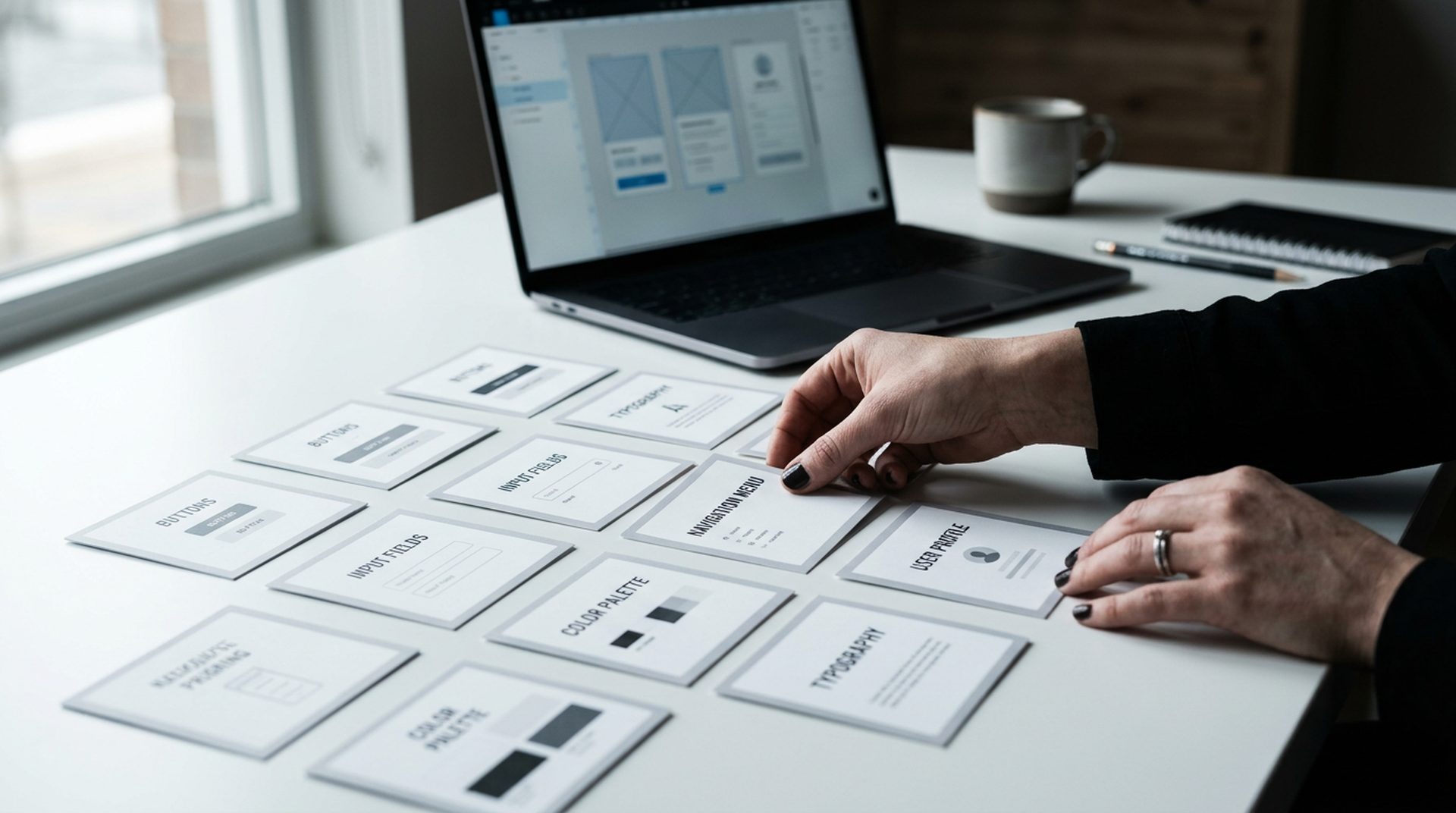 Diseñador organizando componentes UI y tokens de un design system