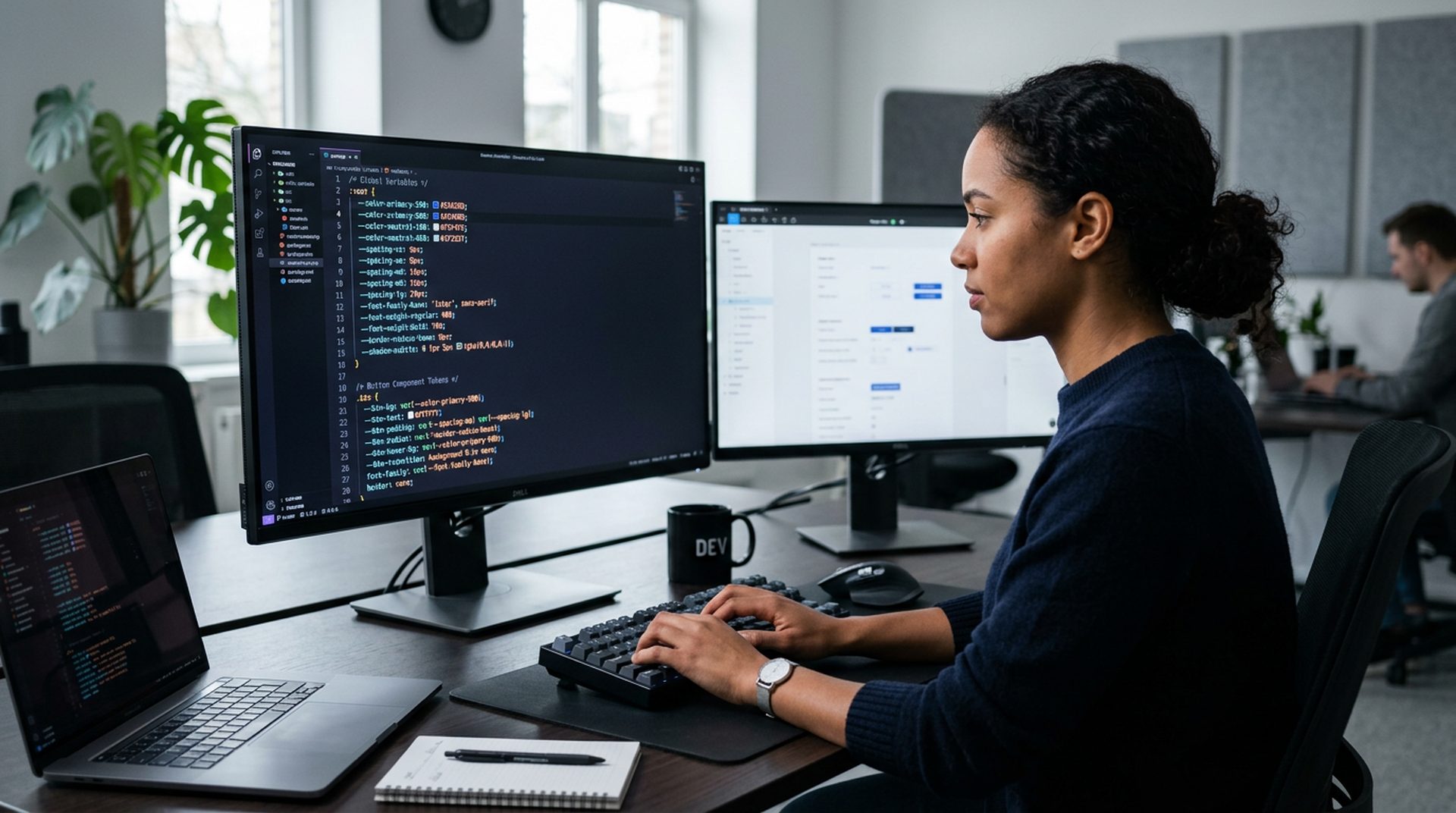 Desarrollador implementando tokens y componentes CSS de un design system