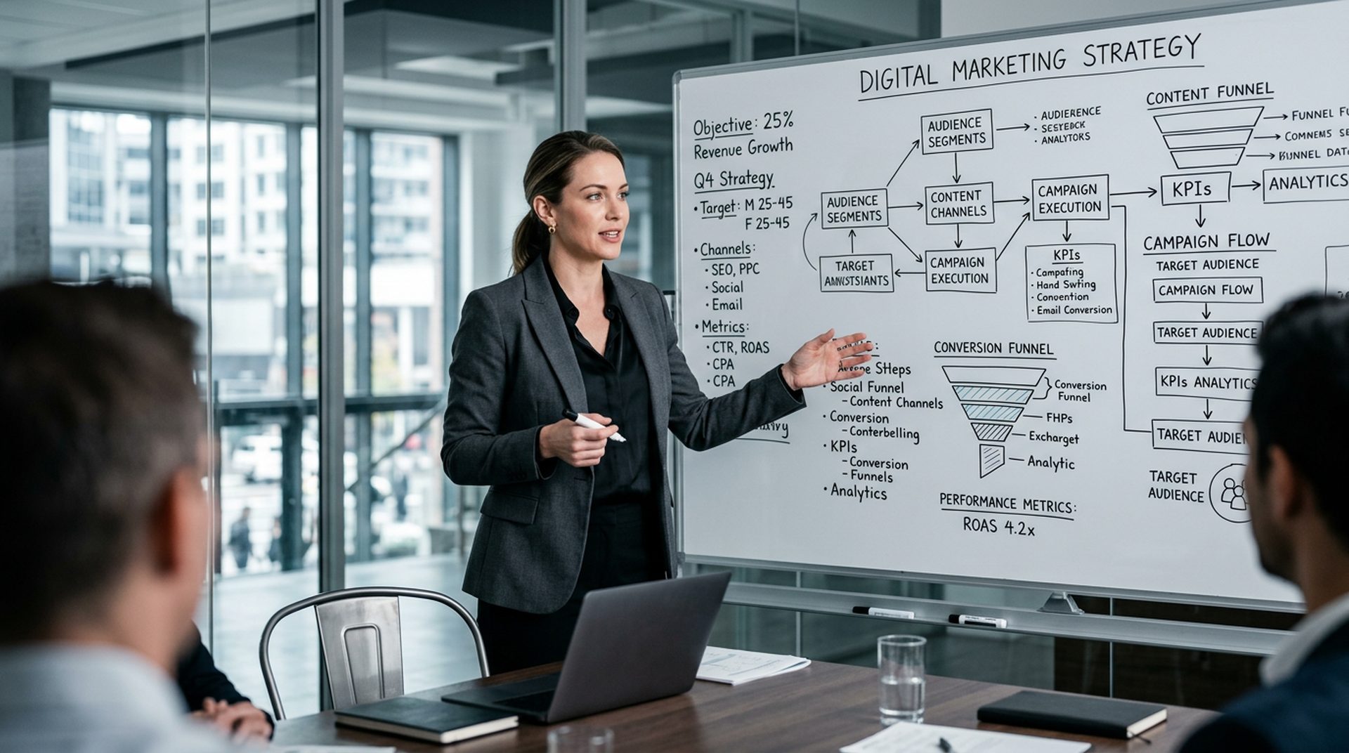 Profesional presentando estrategia de marketing digital en pizarra