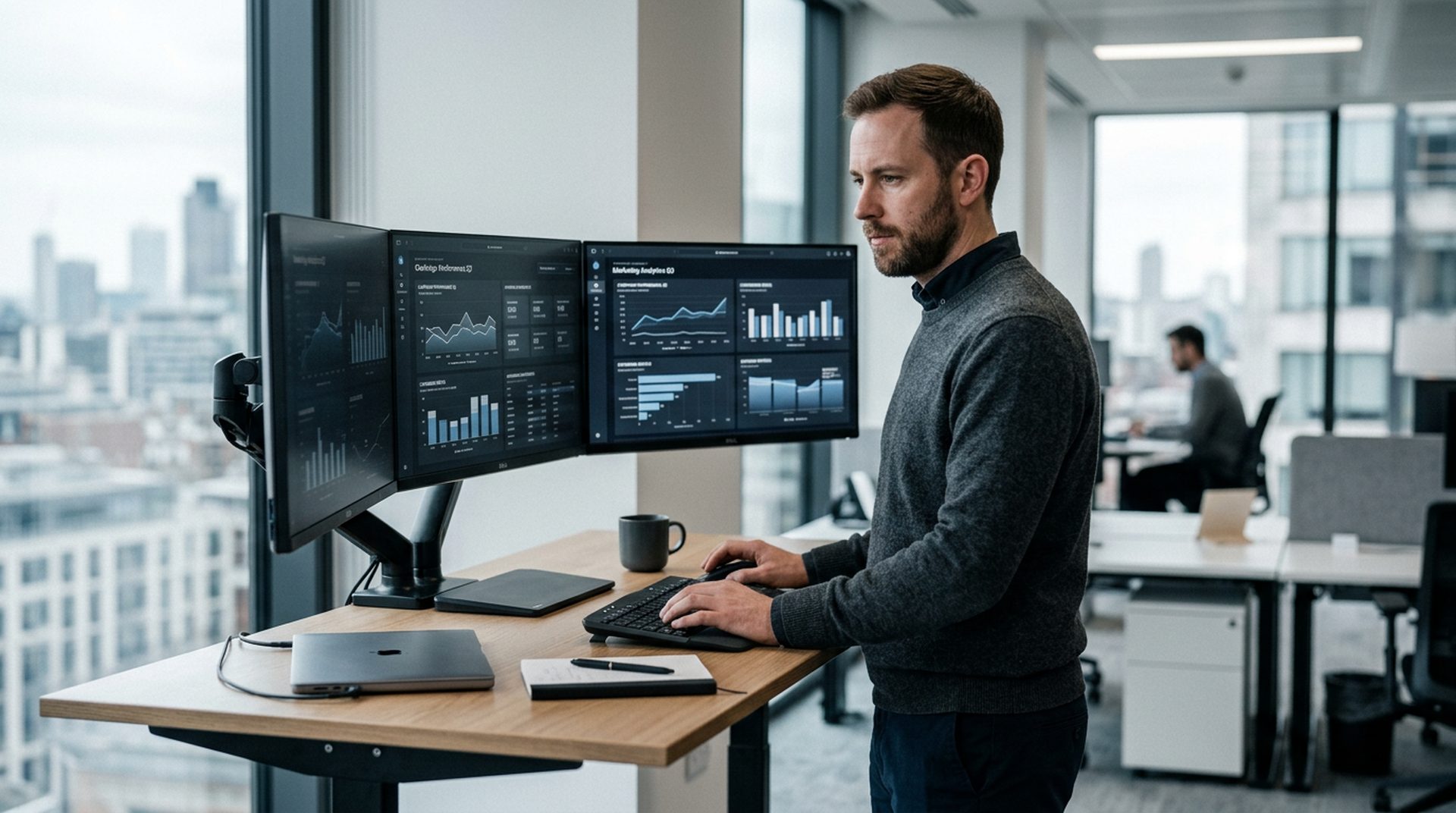 Digital marketer analizando dashboards de marketing en monitores