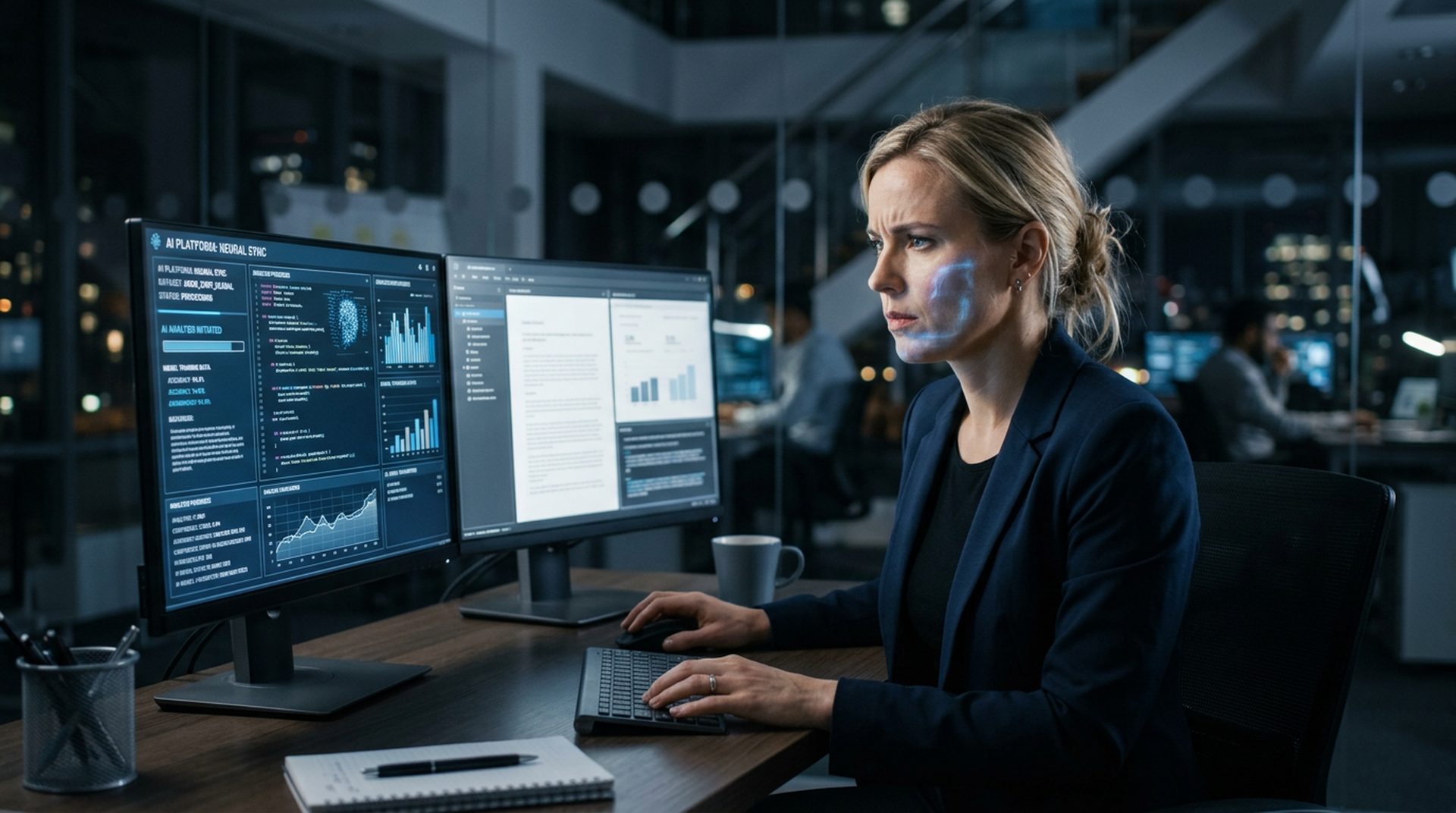 Profesional trabajando con herramientas de IA en oficina moderna