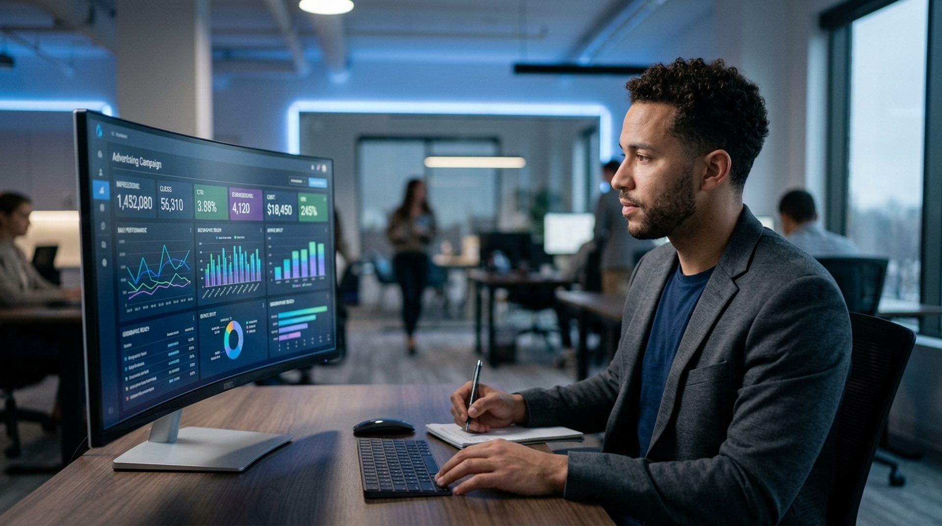Profesional de marketing analizando métricas de publicidad display en monitor