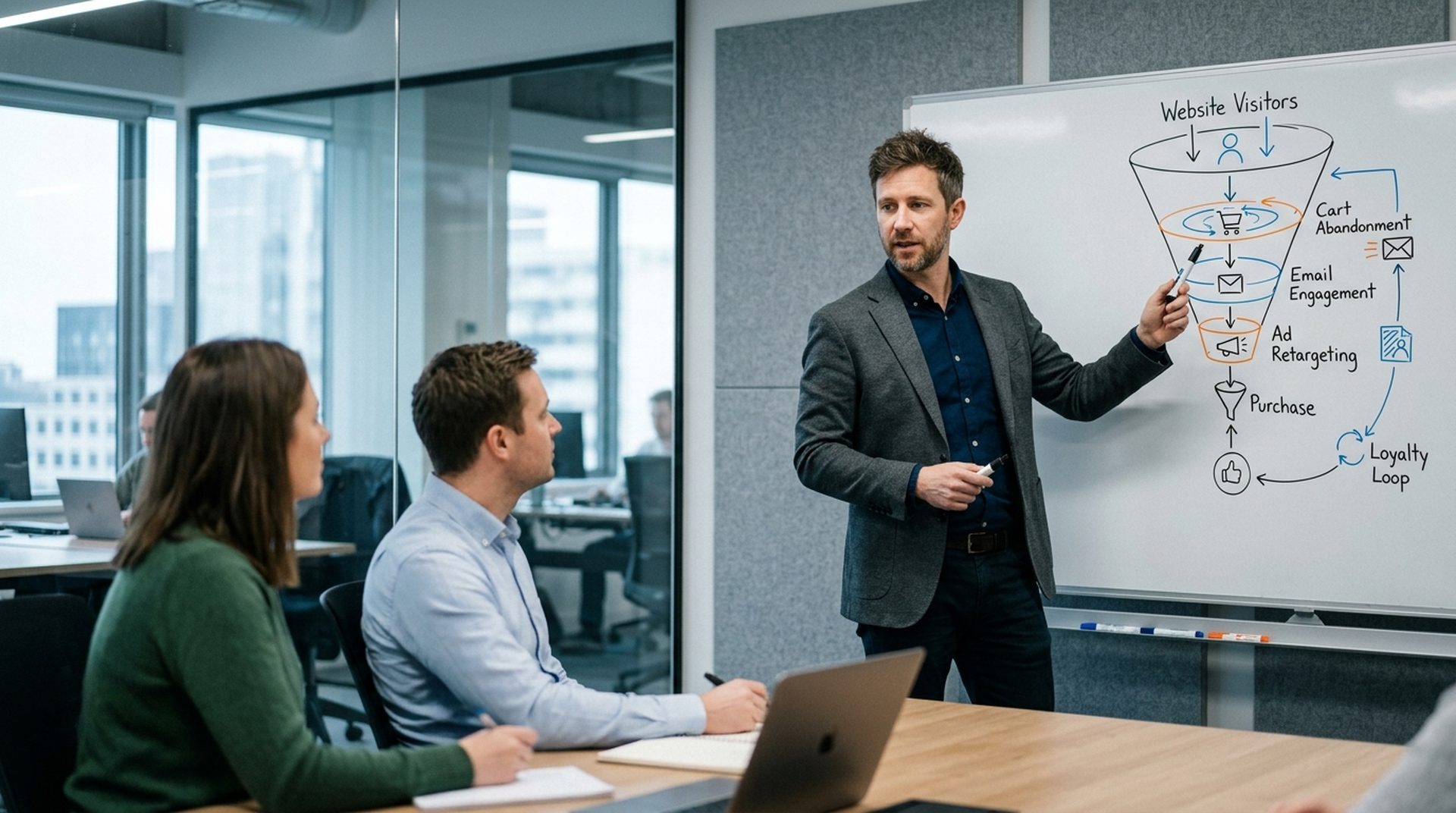 Estratega de marketing explicando funnel de remarketing display
