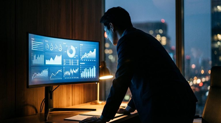 Director de marketing analizando KPI en dashboard con gráficos de rendimiento por canal