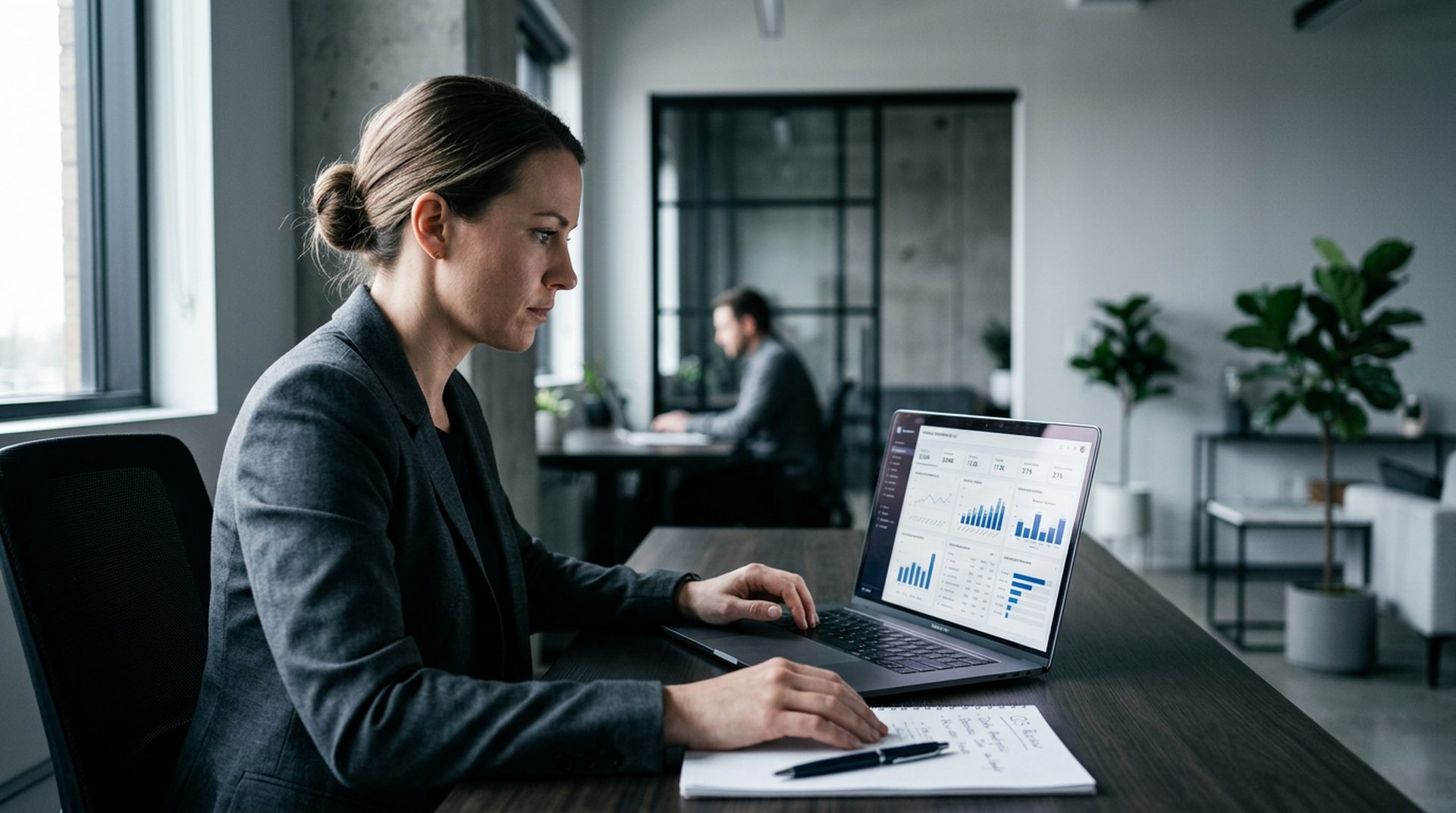 Analista de negocio revisando métricas de marketing en pantalla con datos de rendimiento