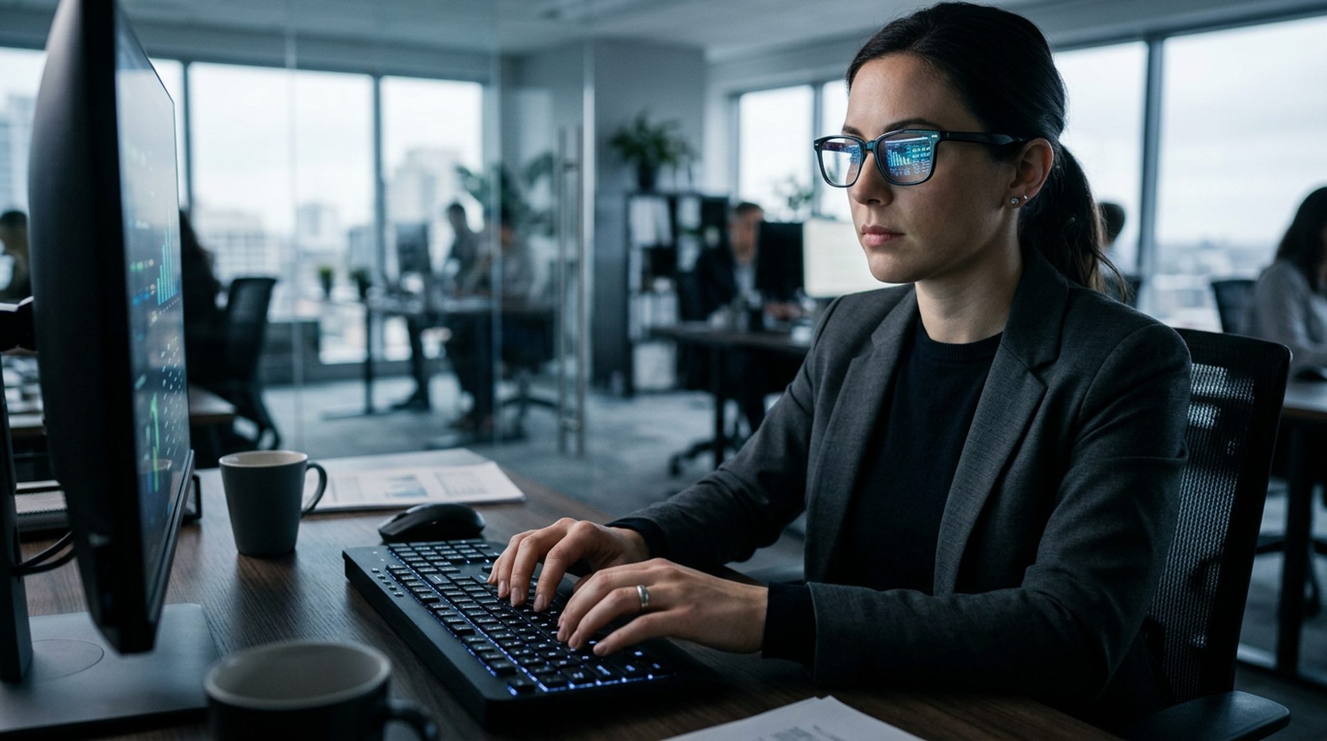 Profesional de marketing configurando herramientas de medición con datos reflejados en gafas