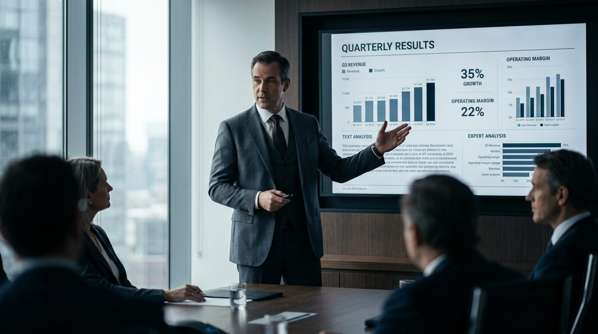 Ejecutivo presentando resultados trimestrales de KPI de marketing a dirección