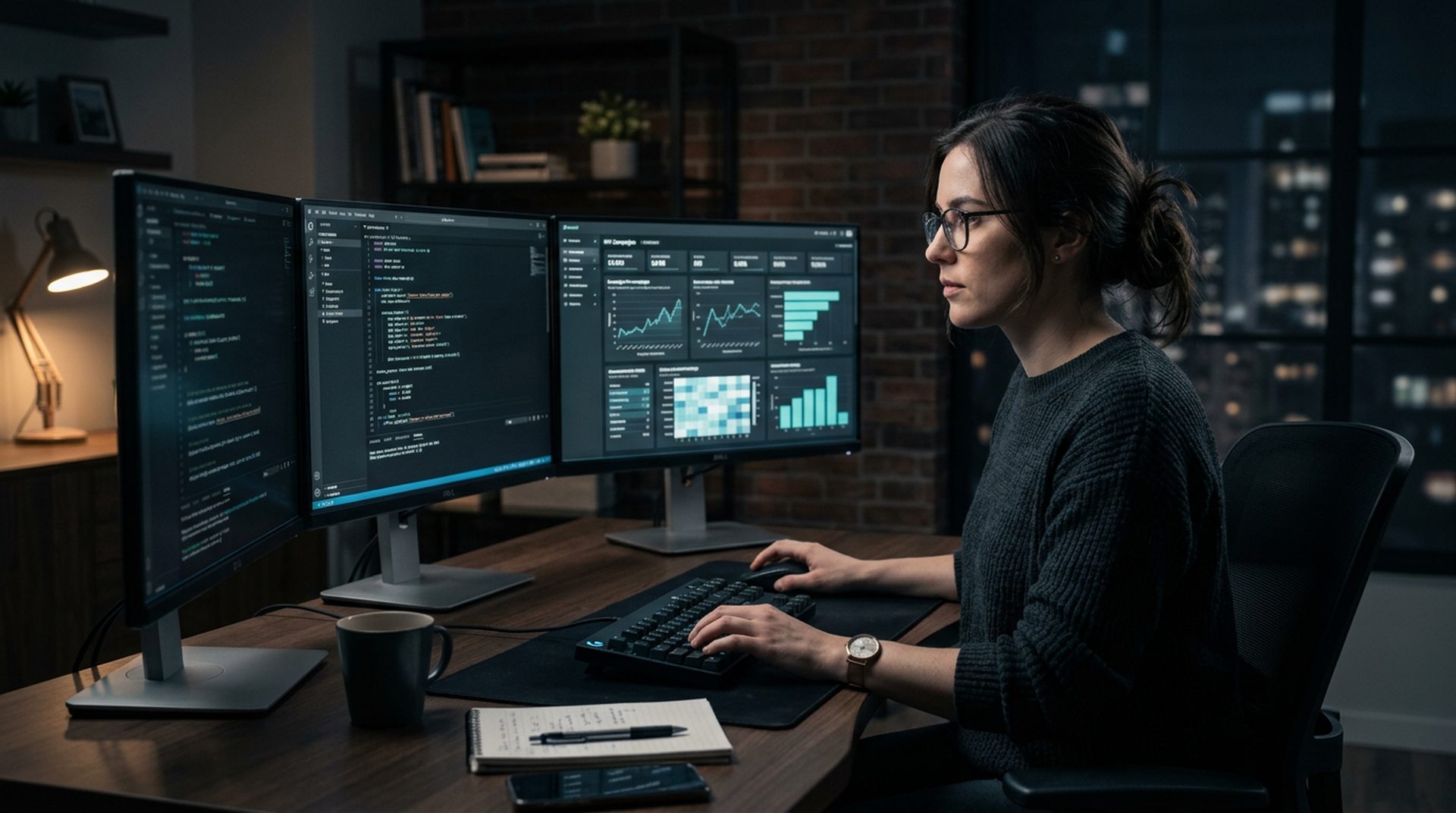 Data scientist trabajando con múltiples pantallas para análisis de KPI con IA