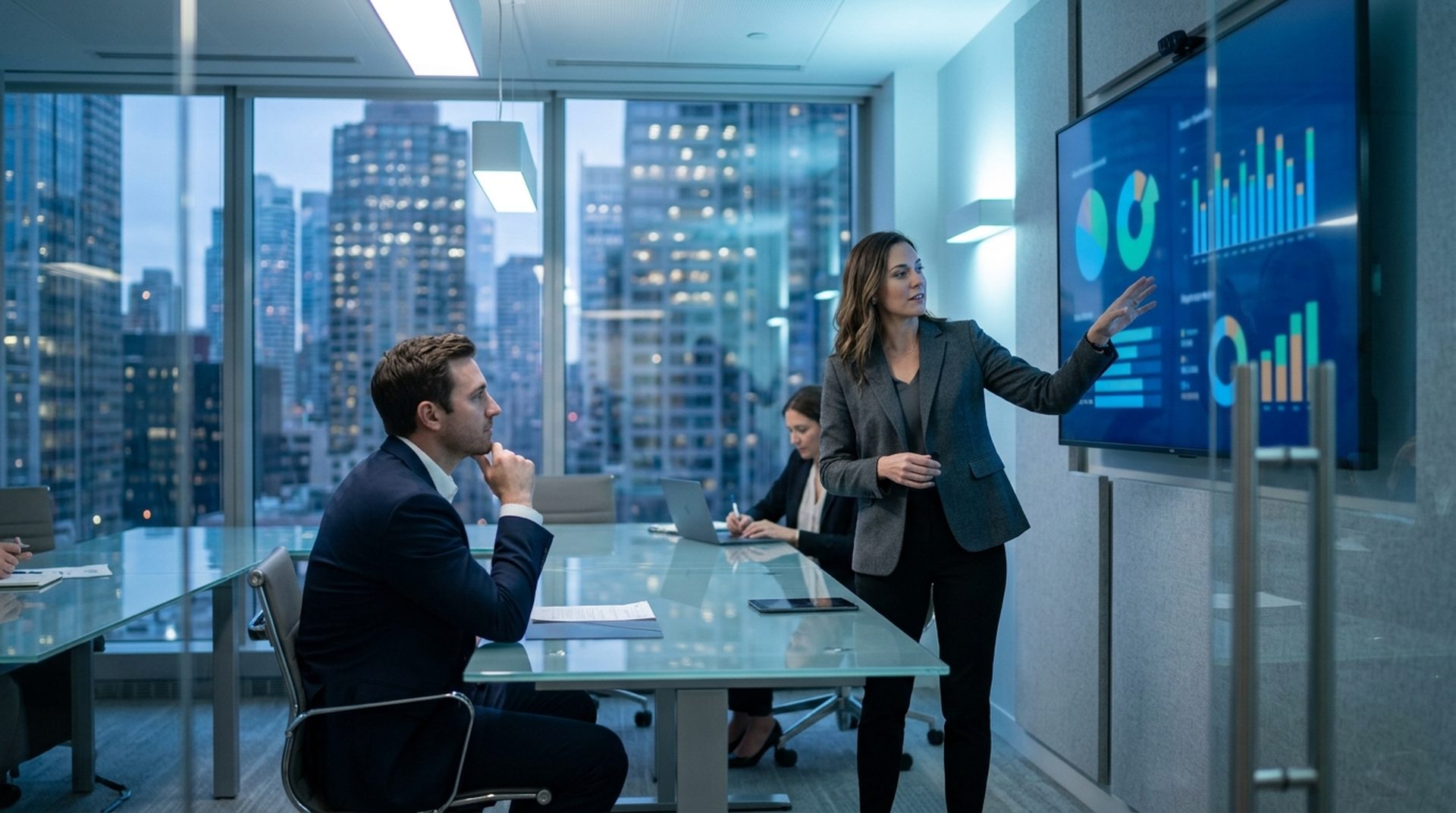Executive presenting PPC audit results in a modern conference room