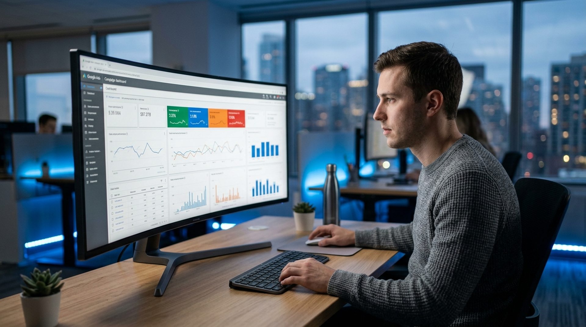 Marketing professional analysing PPC campaign metrics on a widescreen monitor