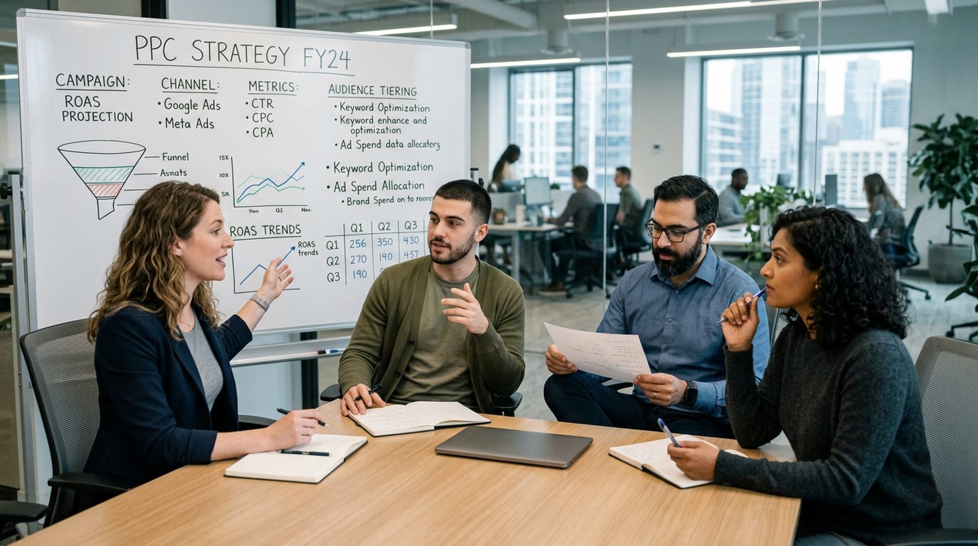 Professional team discussing PPC campaign strategy with charts on a whiteboard