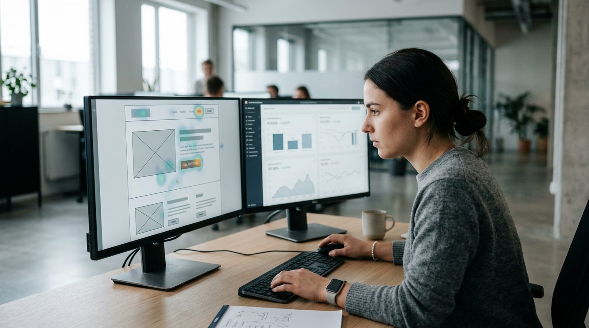 Digital marketing specialist optimising a conversion landing page on a dual monitor